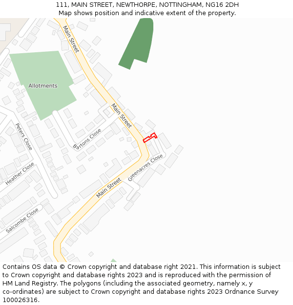 111, MAIN STREET, NEWTHORPE, NOTTINGHAM, NG16 2DH: Location map and indicative extent of plot