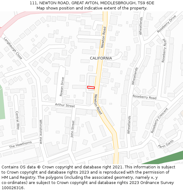 111, NEWTON ROAD, GREAT AYTON, MIDDLESBROUGH, TS9 6DE: Location map and indicative extent of plot