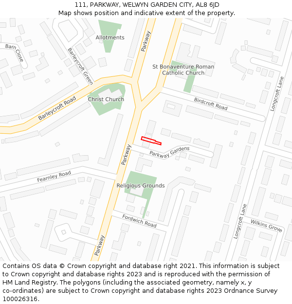 111, PARKWAY, WELWYN GARDEN CITY, AL8 6JD: Location map and indicative extent of plot
