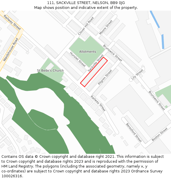 111, SACKVILLE STREET, NELSON, BB9 0JG: Location map and indicative extent of plot
