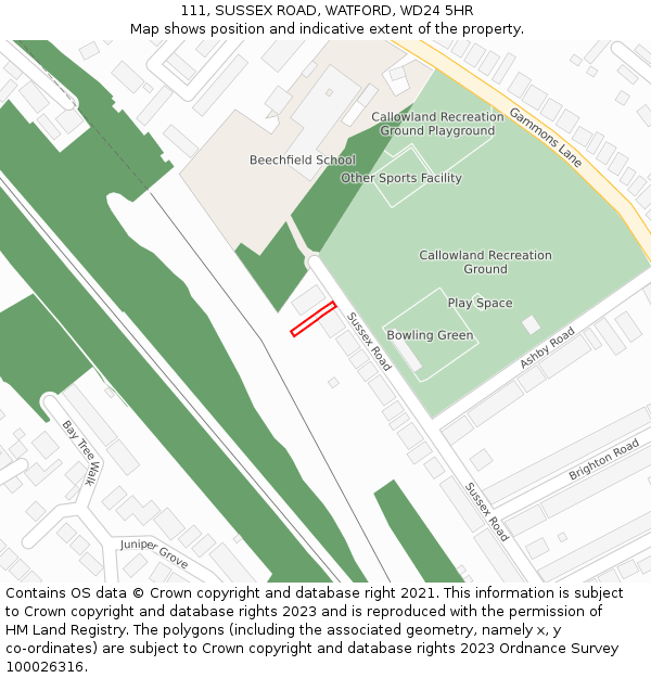 111, SUSSEX ROAD, WATFORD, WD24 5HR: Location map and indicative extent of plot