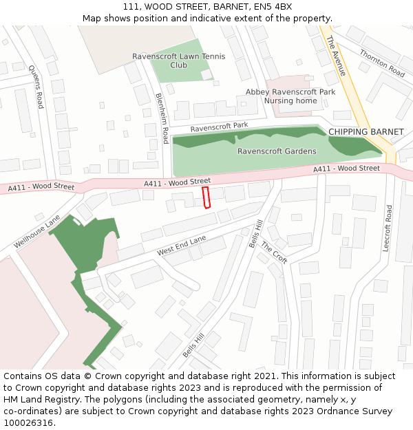 111, WOOD STREET, BARNET, EN5 4BX: Location map and indicative extent of plot