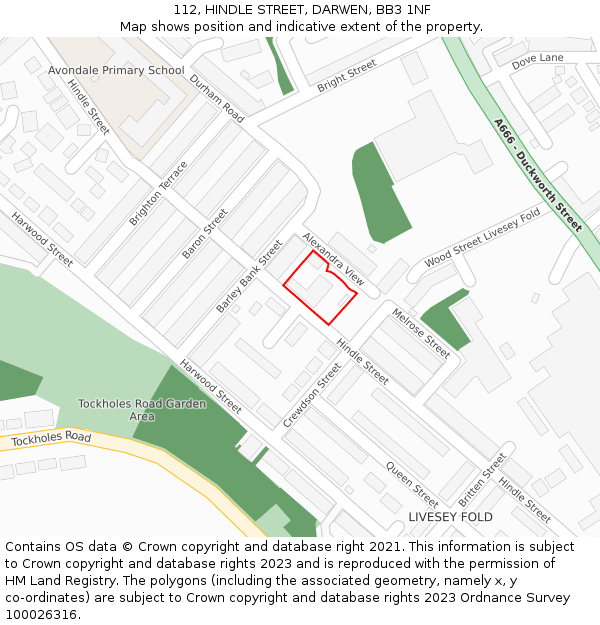 112, HINDLE STREET, DARWEN, BB3 1NF: Location map and indicative extent of plot