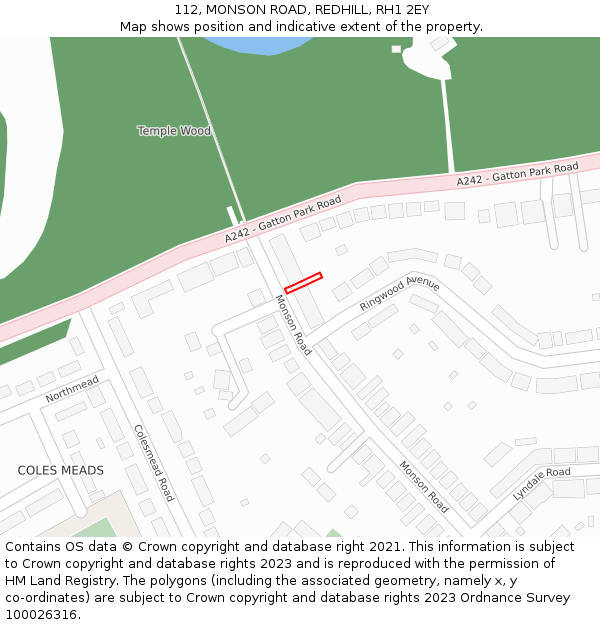 112, MONSON ROAD, REDHILL, RH1 2EY: Location map and indicative extent of plot