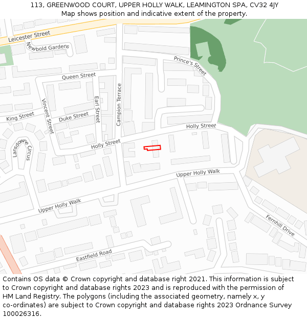 113, GREENWOOD COURT, UPPER HOLLY WALK, LEAMINGTON SPA, CV32 4JY: Location map and indicative extent of plot