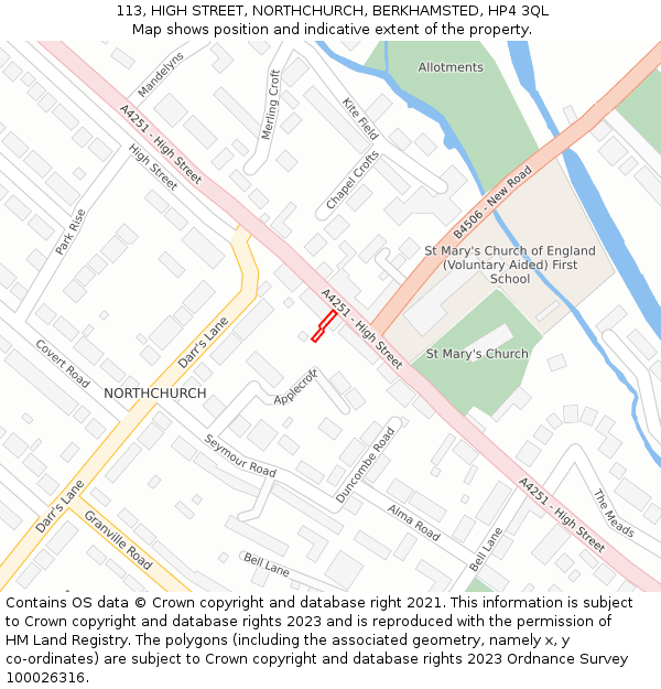 113, HIGH STREET, NORTHCHURCH, BERKHAMSTED, HP4 3QL: Location map and indicative extent of plot