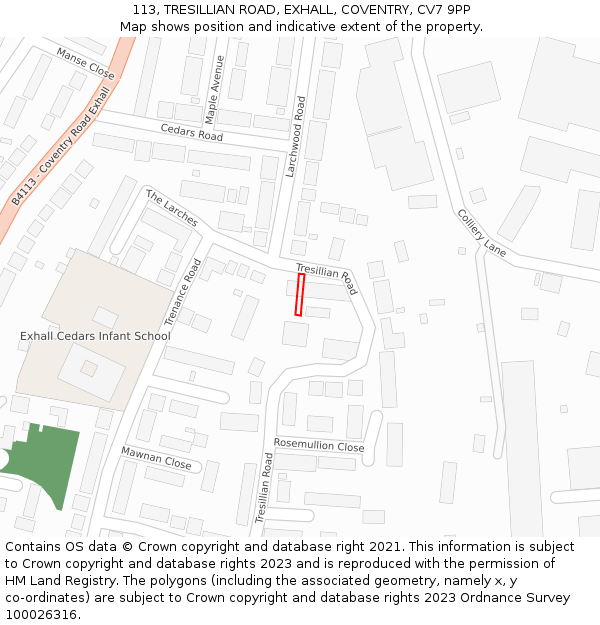 113, TRESILLIAN ROAD, EXHALL, COVENTRY, CV7 9PP: Location map and indicative extent of plot
