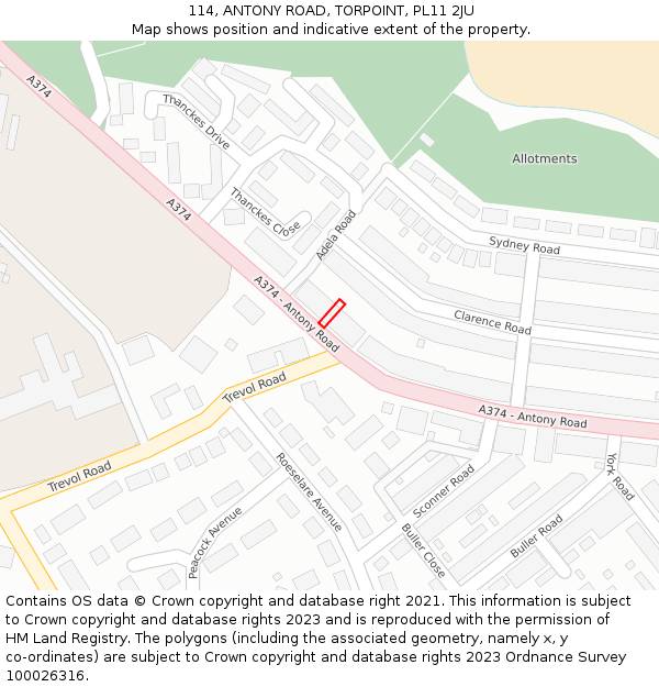 114, ANTONY ROAD, TORPOINT, PL11 2JU: Location map and indicative extent of plot