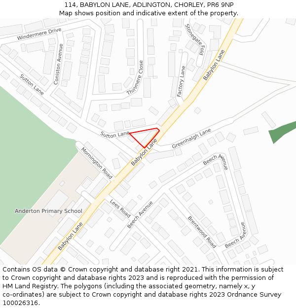 114, BABYLON LANE, ADLINGTON, CHORLEY, PR6 9NP: Location map and indicative extent of plot