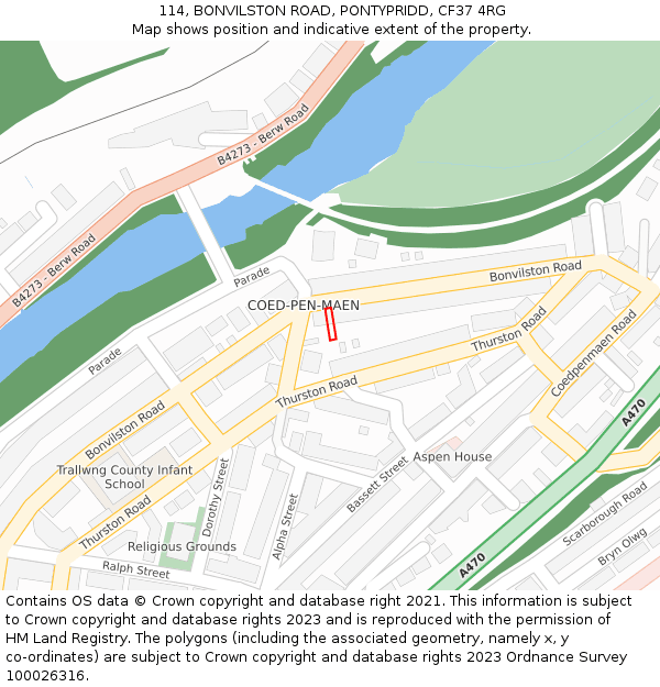 114, BONVILSTON ROAD, PONTYPRIDD, CF37 4RG: Location map and indicative extent of plot