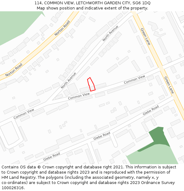 114, COMMON VIEW, LETCHWORTH GARDEN CITY, SG6 1DQ: Location map and indicative extent of plot