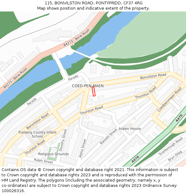 115, BONVILSTON ROAD, PONTYPRIDD, CF37 4RG: Location map and indicative extent of plot