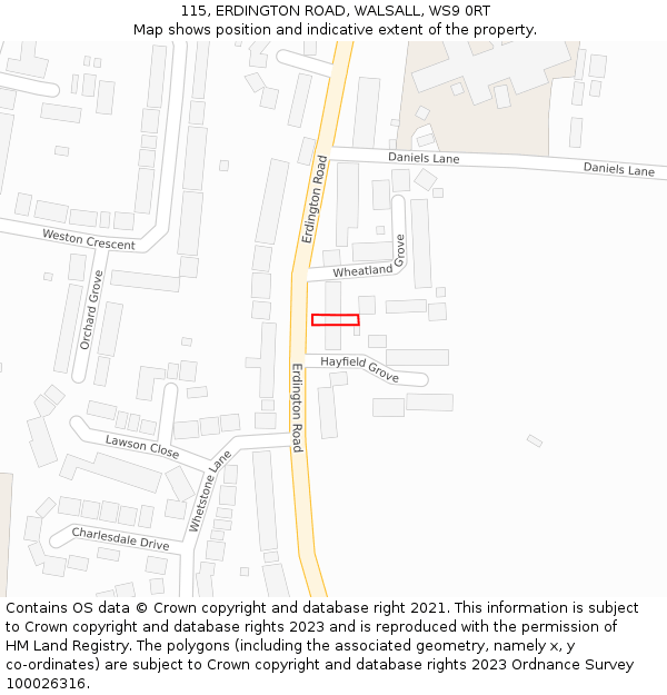115, ERDINGTON ROAD, WALSALL, WS9 0RT: Location map and indicative extent of plot