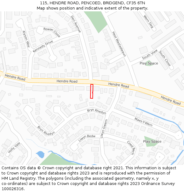 115, HENDRE ROAD, PENCOED, BRIDGEND, CF35 6TN: Location map and indicative extent of plot
