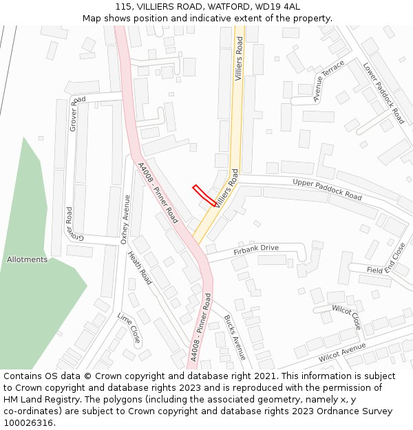 115, VILLIERS ROAD, WATFORD, WD19 4AL: Location map and indicative extent of plot