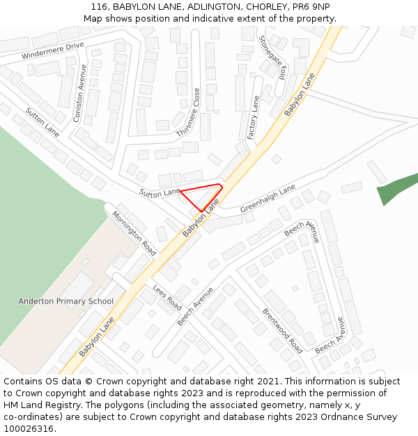 116, BABYLON LANE, ADLINGTON, CHORLEY, PR6 9NP: Location map and indicative extent of plot