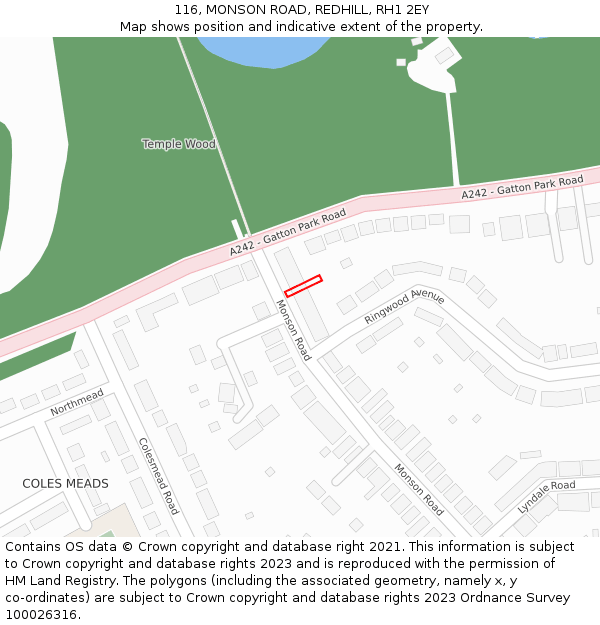 116, MONSON ROAD, REDHILL, RH1 2EY: Location map and indicative extent of plot