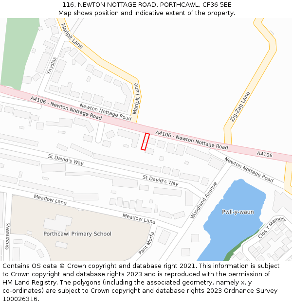 116, NEWTON NOTTAGE ROAD, PORTHCAWL, CF36 5EE: Location map and indicative extent of plot