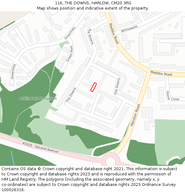 116, THE DOWNS, HARLOW, CM20 3RG: Location map and indicative extent of plot