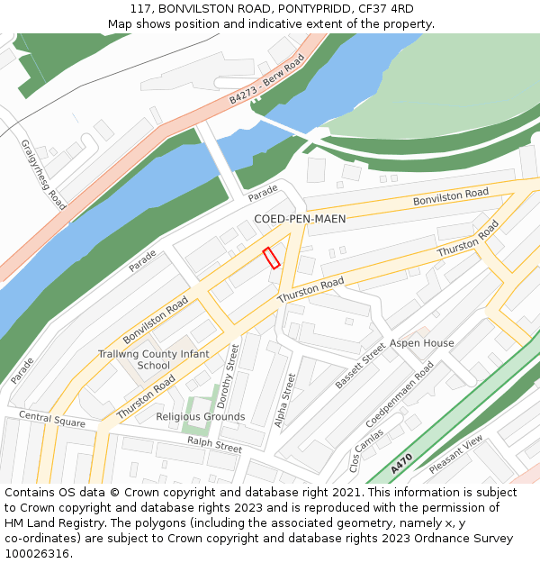117, BONVILSTON ROAD, PONTYPRIDD, CF37 4RD: Location map and indicative extent of plot