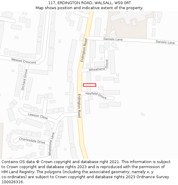117, ERDINGTON ROAD, WALSALL, WS9 0RT: Location map and indicative extent of plot