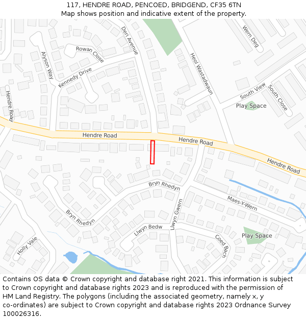 117, HENDRE ROAD, PENCOED, BRIDGEND, CF35 6TN: Location map and indicative extent of plot