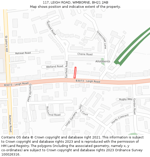 117, LEIGH ROAD, WIMBORNE, BH21 2AB: Location map and indicative extent of plot