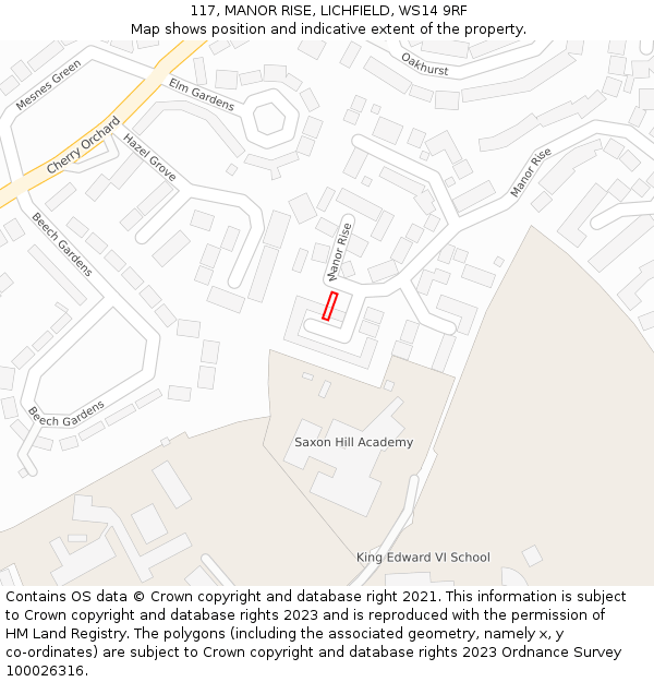 117, MANOR RISE, LICHFIELD, WS14 9RF: Location map and indicative extent of plot