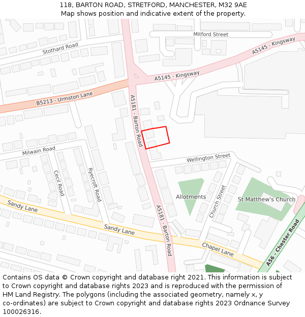 118, BARTON ROAD, STRETFORD, MANCHESTER, M32 9AE: Location map and indicative extent of plot
