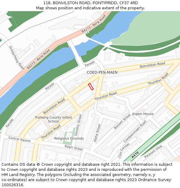 118, BONVILSTON ROAD, PONTYPRIDD, CF37 4RD: Location map and indicative extent of plot