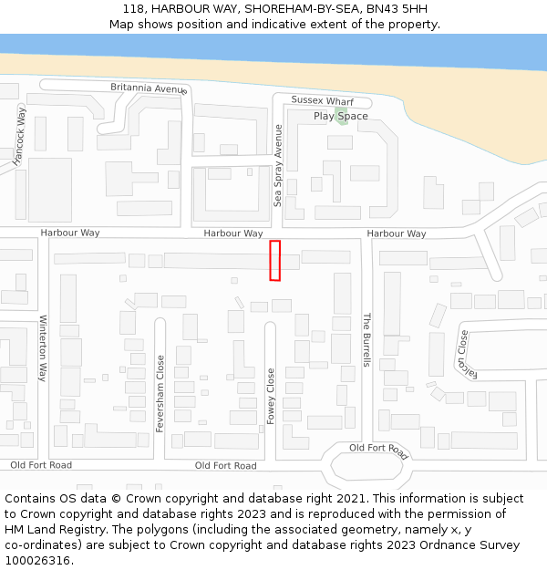 118, HARBOUR WAY, SHOREHAM-BY-SEA, BN43 5HH: Location map and indicative extent of plot
