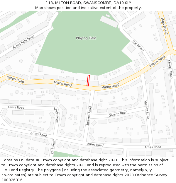 118, MILTON ROAD, SWANSCOMBE, DA10 0LY: Location map and indicative extent of plot