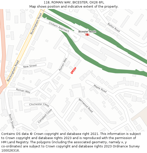 118, ROMAN WAY, BICESTER, OX26 6FL: Location map and indicative extent of plot