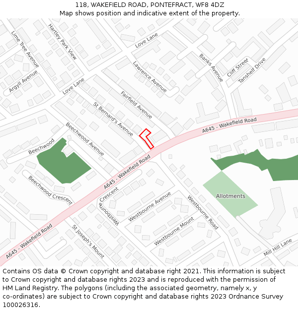 118, WAKEFIELD ROAD, PONTEFRACT, WF8 4DZ: Location map and indicative extent of plot