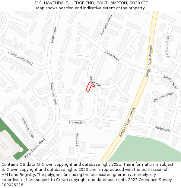 119, HAVENDALE, HEDGE END, SOUTHAMPTON, SO30 0FF: Location map and indicative extent of plot