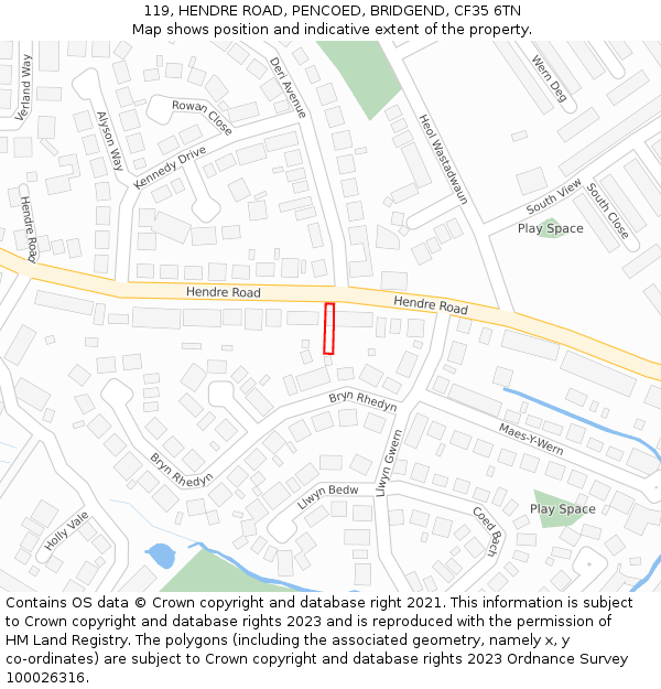 119, HENDRE ROAD, PENCOED, BRIDGEND, CF35 6TN: Location map and indicative extent of plot
