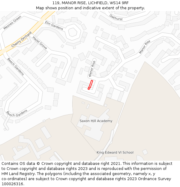 119, MANOR RISE, LICHFIELD, WS14 9RF: Location map and indicative extent of plot