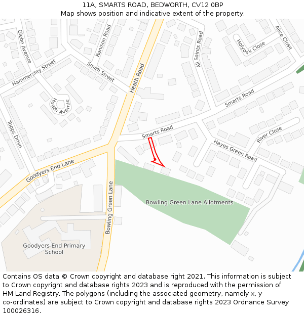 11A, SMARTS ROAD, BEDWORTH, CV12 0BP: Location map and indicative extent of plot
