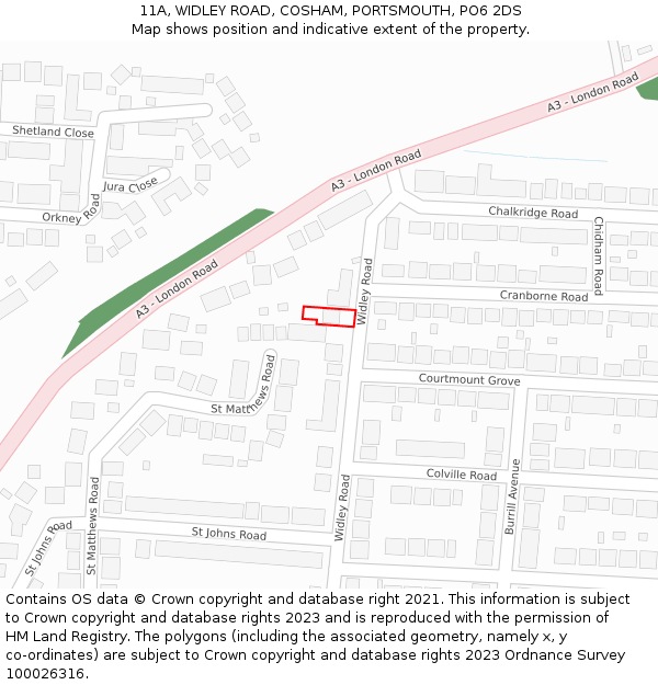 11A, WIDLEY ROAD, COSHAM, PORTSMOUTH, PO6 2DS: Location map and indicative extent of plot
