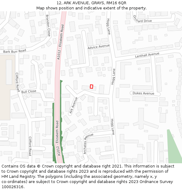 12, ARK AVENUE, GRAYS, RM16 6QR: Location map and indicative extent of plot