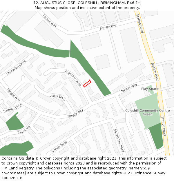 12, AUGUSTUS CLOSE, COLESHILL, BIRMINGHAM, B46 1HJ: Location map and indicative extent of plot