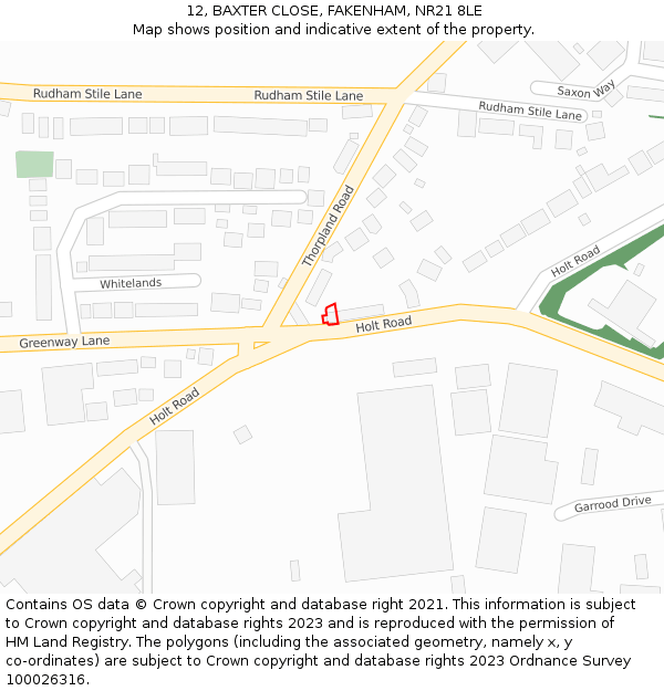 12, BAXTER CLOSE, FAKENHAM, NR21 8LE: Location map and indicative extent of plot