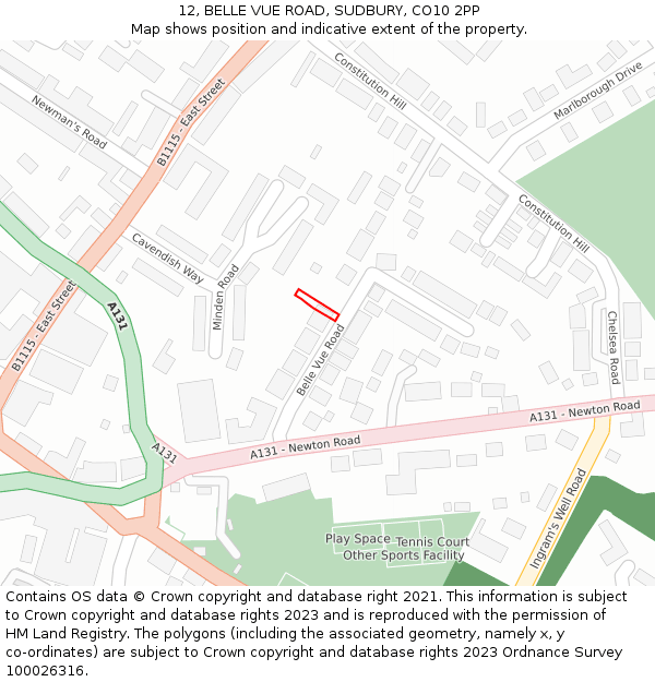 12, BELLE VUE ROAD, SUDBURY, CO10 2PP: Location map and indicative extent of plot