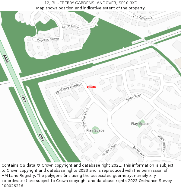 12, BLUEBERRY GARDENS, ANDOVER, SP10 3XD: Location map and indicative extent of plot