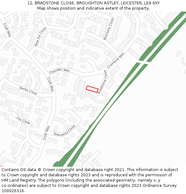 12, BRADSTONE CLOSE, BROUGHTON ASTLEY, LEICESTER, LE9 6XY: Location map and indicative extent of plot