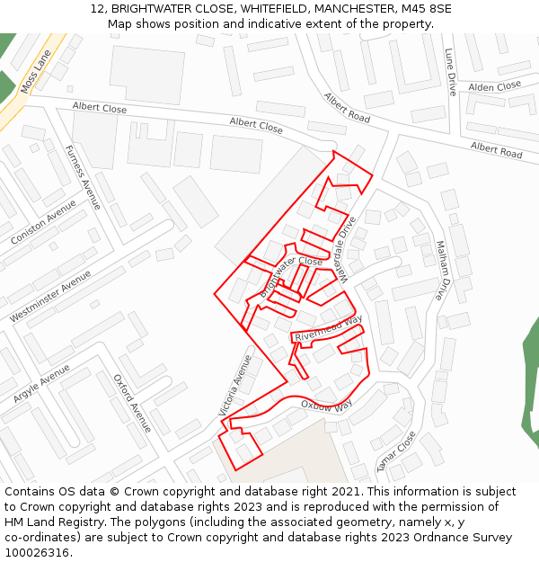 12, BRIGHTWATER CLOSE, WHITEFIELD, MANCHESTER, M45 8SE: Location map and indicative extent of plot
