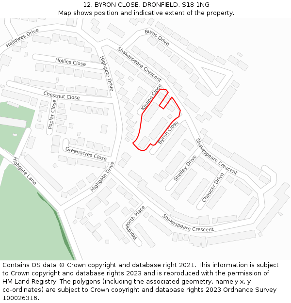 12, BYRON CLOSE, DRONFIELD, S18 1NG: Location map and indicative extent of plot