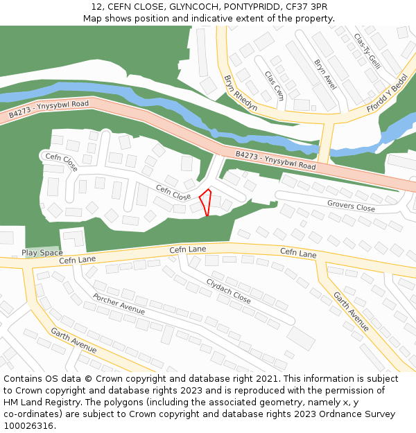 12, CEFN CLOSE, GLYNCOCH, PONTYPRIDD, CF37 3PR: Location map and indicative extent of plot