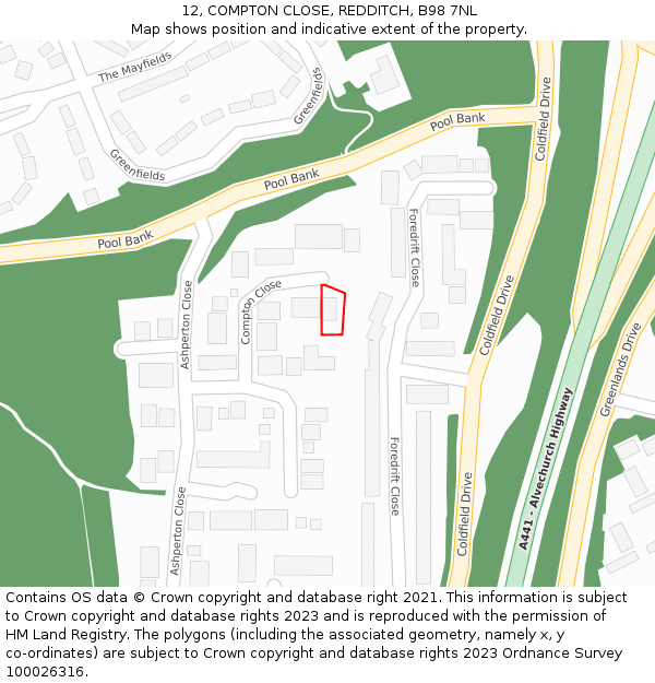 12, COMPTON CLOSE, REDDITCH, B98 7NL: Location map and indicative extent of plot