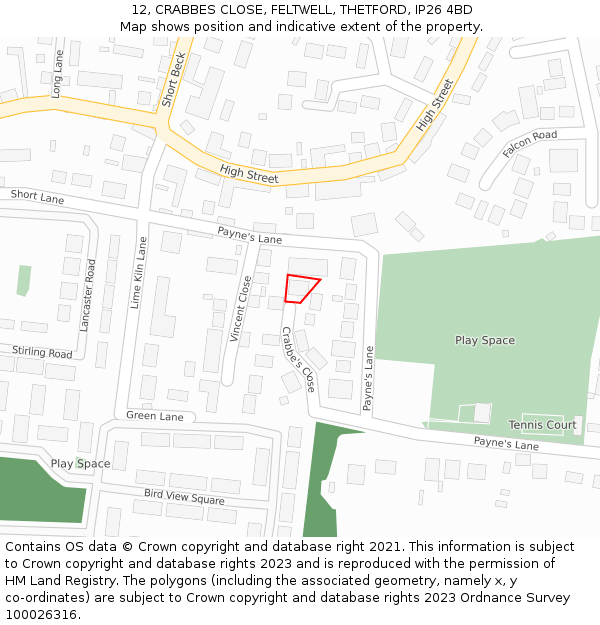 12, CRABBES CLOSE, FELTWELL, THETFORD, IP26 4BD: Location map and indicative extent of plot